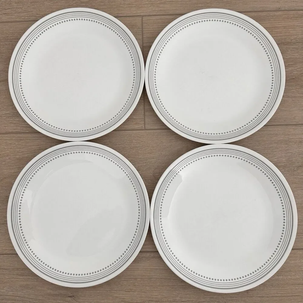 Lot Of 4 Corelle Corning MYSTIC GRAY Livingware Dinner Plates Vitrelle Dots